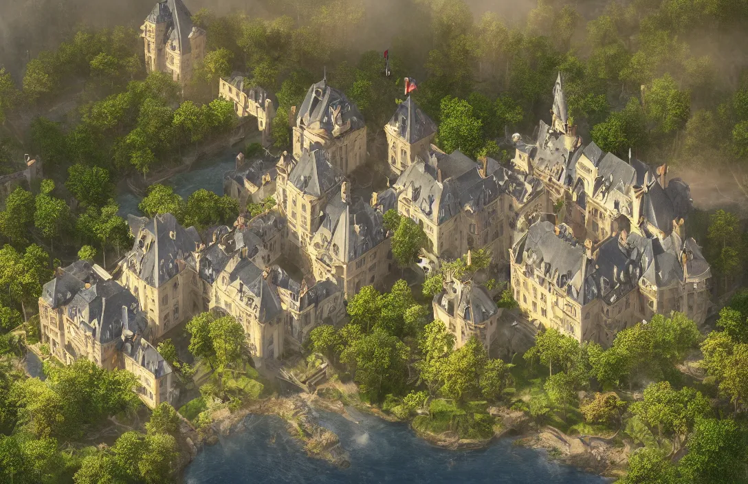 Image similar to a hyper realistic professional photographic view picture of a french chateau filter unreal engine 5 realistic hyper detailed 8k ultradetail cinematic concept art volumetric lighting, fantasy artwork, very beautiful scenery, very realistic painting effect, hd, hdr, cinematic 4k wallpaper, 8k, ultra detailed, high resolution, artstation trending on artstation in the style of Albert Dros glowing rich colors powerful imagery nasa footage drone footage drone photography