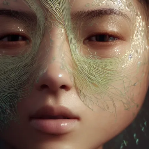 Prompt: intricate highly detailed face portrait of asian - european woman, light mint water vines on her face, intricate, cgsociety, unreal engine, octane render, sharp focus, smooth, volumetric lighting, cinematic composition, artstation