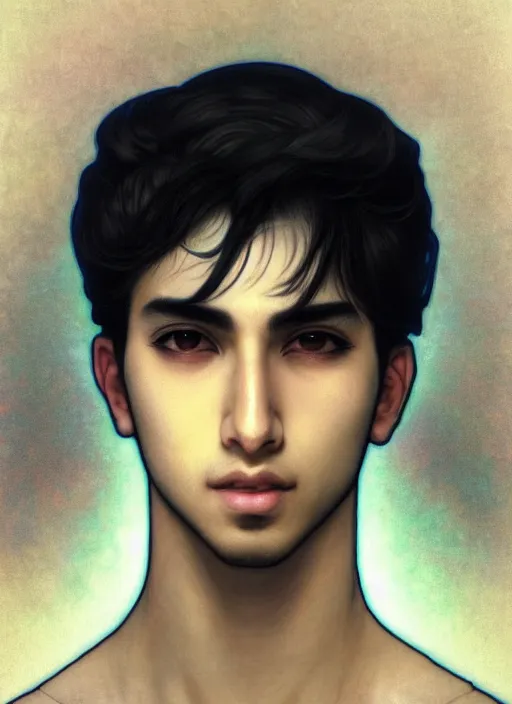 Image similar to beautiful medium shot portrait of a young arabic man inspired by ayami kojima with short hair dressed with a white t - shirt looking into the camera from three - quarters, white background white bank studio light, art by yoshitaka amano, alfons mucha, final fantasy, high quality, 8 k