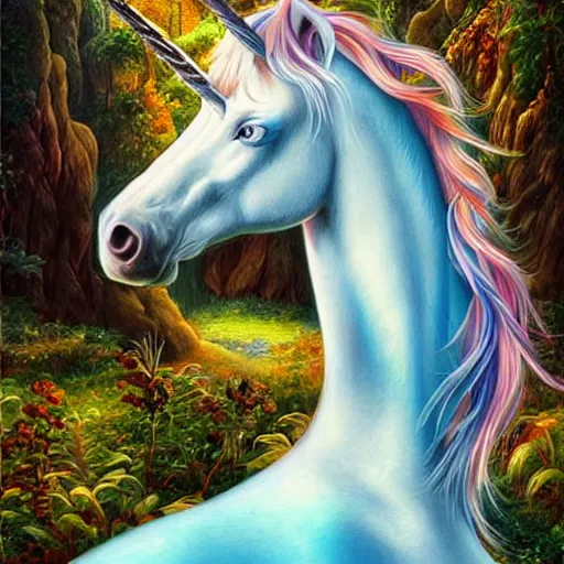Image similar to A stunningly beautiful mystical unicorn :: hyperdetailed :: hyper realistic :: art by Walt Disney :: in the style of Fantasy Art