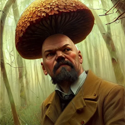 Image similar to photo of vladimir lenin is a mushroom in the forest, highly detailed, digital painting, artstation, smooth, sharp focus, illustration, art by artgerm and greg rutkowski and alphonse mucha