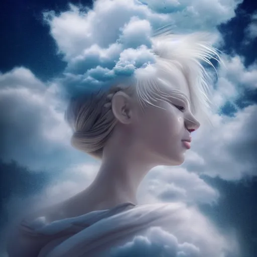 Prompt: goddess wearing a cloud fashion on the clouds, photoshop, colossal, creative, albino skin, giant, digital art, photo manipulation, clouds, covered in clouds, girl clouds, on clouds, covered by clouds, a mini airplane flying, white hair, digital painting, artstation, deviantart