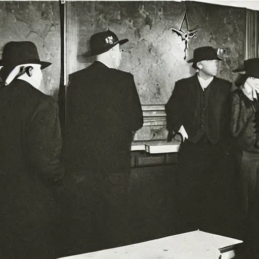 Prompt: Satanic States of America, alternate history, 1930s Chicago gangster, Al Capone, goth Al Capone, occult, 1930s photograph, mafia, Satanic symbols in the background, Great Depression