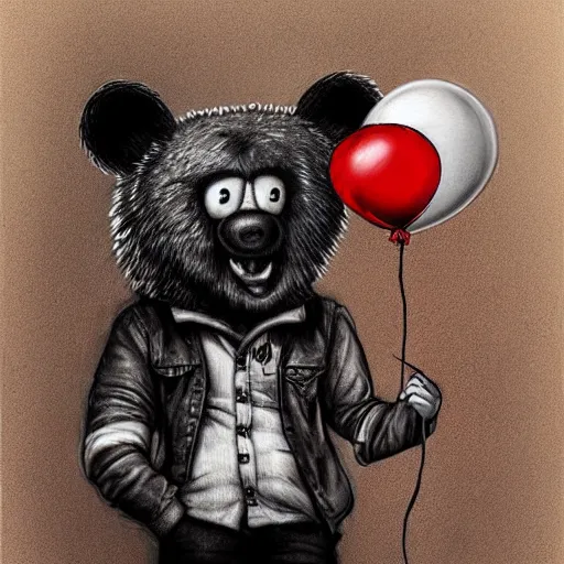 Image similar to surrealism grunge cartoon portrait sketch of a bear with a wide smile and a red balloon by - michael karcz, loony toons style, mad max style, horror theme, detailed, elegant, intricate