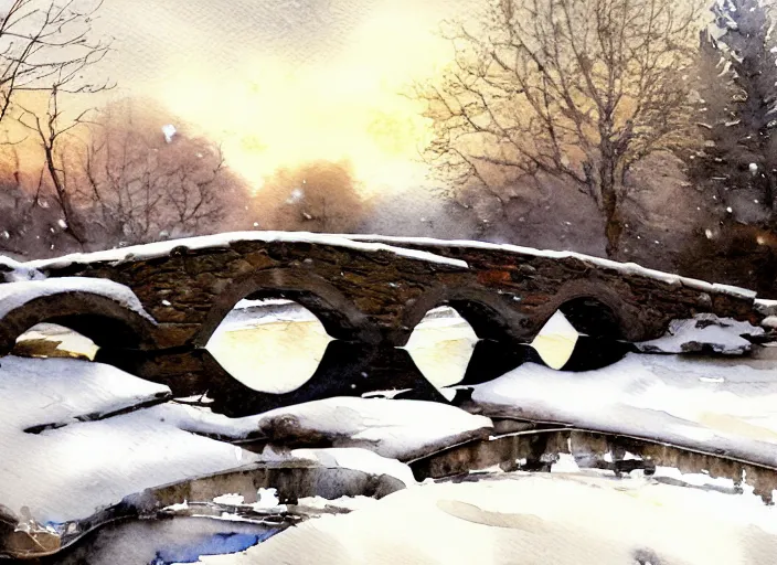 Image similar to watercolor of vintage tractor on rustic stone bridge in winter landscape, glistering, high detailed art by dennis miller bunker, work by anders zorn, wonderful masterpiece by greg rutkowski, beautiful cinematic light, american romanticism by greg manchess, creation by tyler edlin