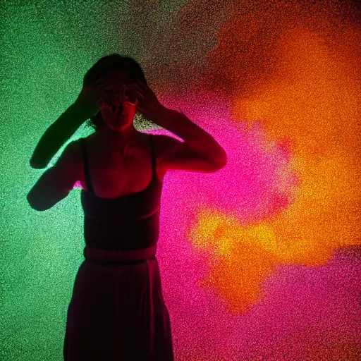 Prompt: a human exploding with color light, studio medium format photograph