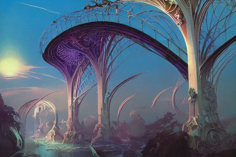 Image similar to Surreal, bridge between the worlds, fairy magnificent, elegant, art nouveau, white sweeping arches, surreal hybrid animals of neon colors in the sky, dramatic lighting, by Studio Ghibli, Brom,