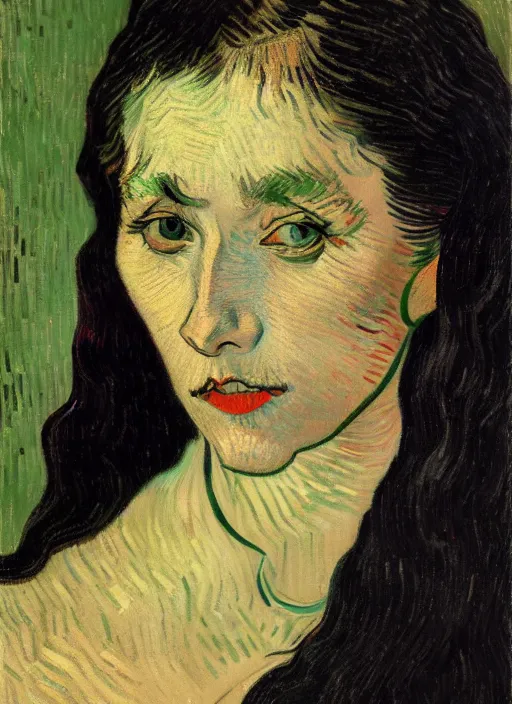 Image similar to portrait of a woman with long black hair, detailed beautiful face in painting, detailed beautiful portrait, expressionist oil painting masterpiece, 8 k resolution, smooth, sharp focus, pastel color palette, trending on artstation, by van gogh