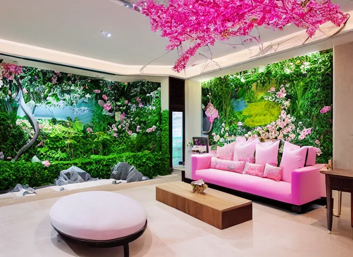 Prompt: luxury pink lush singaporean garden with sakura flowers inside white japanese themed living room with multiversal tv and royal blue high tech couch, by james jean and peter mohrbacher and ruan jia, set in travertine terraces waters, elegant, majestic, mystical, high - end