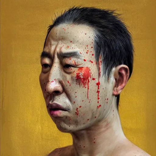 Image similar to photorealistic face portrait of chinese uyghur muslim prisoner, paint, wearing victorian rags, elite, disfigured, drooling, moist, unnatural movement, they are unhappy, bizzaro, renaissance, by emedios varo and anato finnstark and fenghua zhong and giacometti, hyperrealism, 8 k, 3 d, masterpiece, texture