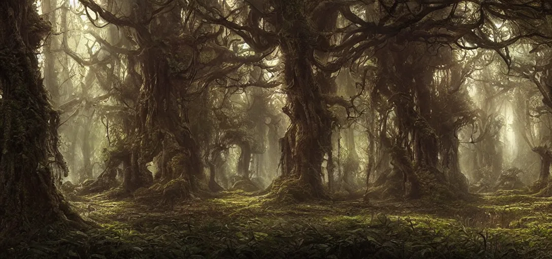 Prompt: A beautiful hyper realistic ultra detailed lifelike matte painting of a dark fantasy forest, by brad rigney