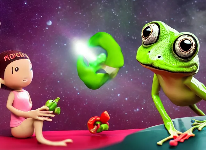 Prompt: Frog on a spaceship loves her dog next to her and gives her hot pepper, cinematic, very high quality, 8k