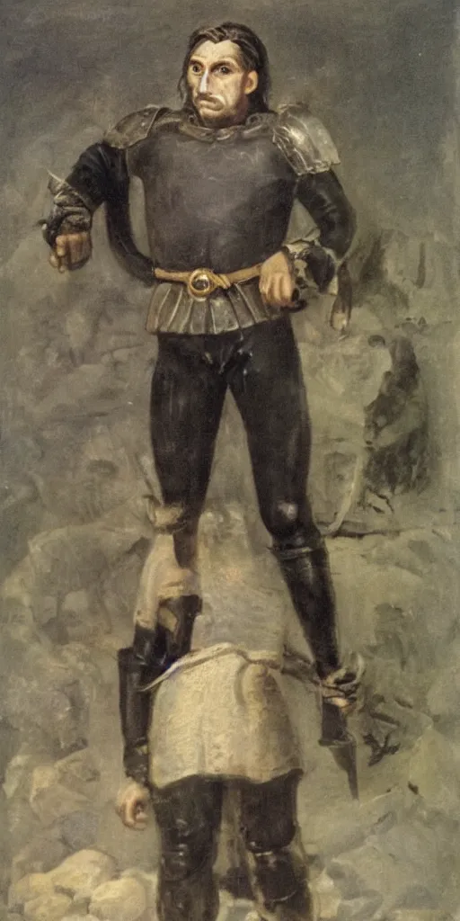 Prompt: Photo of the character of the Breton race with pale ash-colored skin, glowing bright yellow eyes with vertical pupils, black thick hair with a touch of gray to the shoulders, with neat stubble, similar to a small beard and with a strong build. He wore a plain old shirt, with a light leather armor over it, and leather pants with a belt, and a floor-length hooded cloak over his back, beautiful light, cinematic, shrap focus, illustration, full body, elegant, highly detailed, 8k, photorealism