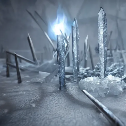 Prompt: ice spikes are summoned from the ground by magic, impalement knights by ice spikes, octane render, unreal engine