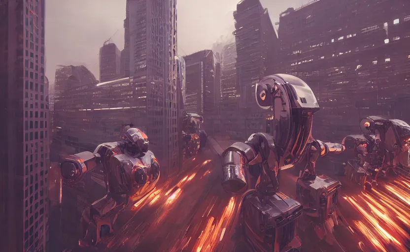Image similar to berlin after the invasion of gigantic human - like robots, artstation hq, stylized, symmetry, modeled lighting, expressive, retro futurism, studio photo refined, highly detailed, hyper realistic, photo realistic metal render