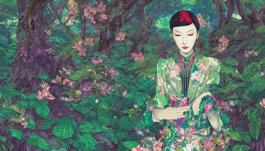 Image similar to a digital painting of a woman wearing gucci exploring a magical japanese temple, lush plants and flowers, eco - cyberpunk art by james jean, cgsociety, retrofuturism, anime aesthetic, chromatic, iridescent