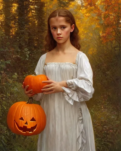 Image similar to a realistic candlelit portrait painting of a thoughtful girl resembling a young, shy, redheaded alicia vikander or millie bobby brown wearing peasant dress carrying a jack - o - lantern in a fall forest at night, highly detailed, intricate, concept art, artstation, by donato giancola, alphonse mucha, and william bouguereau