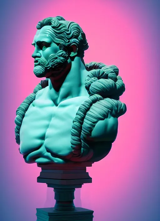 Image similar to bust of hercules, beeple, james gilleard, vaporwave, retrowave, black background, neon wiring, black, glitch, strong contrast, cuts, pinterest, trending on artstation