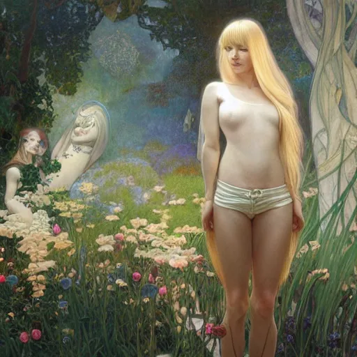 Image similar to A young woman with blonde long hair and bangs in shorts and white shirt drawn by Donato Giancola and Anna Dittmann, frank frazetta, alphonse mucha, background by James Jean and gustav klimt, 4k, volumetric lighting, french nouveau, trending on artstation, octane render, hyperrealistic