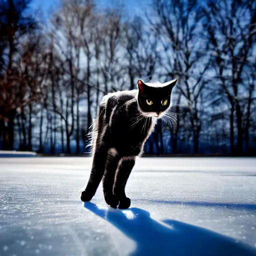 Image similar to Cat on Ice skates playing Hockey in the park, 40nm lens, shallow depth of field, split lighting