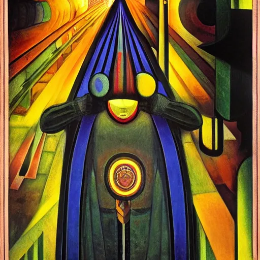 Prompt: the shaman of the subway, an art deco painting by leo and diane dillon and diego rivera, dramatic lighting, god rays, smooth, sharp focus, art brut, outsider art