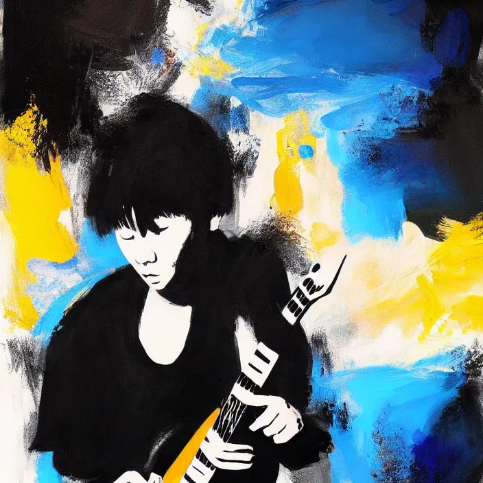 Prompt: minimal dramatic painting of a young korean man wearing black t shirt holding an electric guitar!!, dark background, huge dramatic brush strokes, matte colors, abstract, trending on artstation