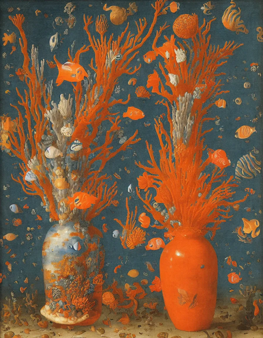 Image similar to bottle vase of coral under the sea decorated with a dense field of stylized scrolls that have opaque outlines enclosing mottled blue washes, with orange shells and purple fishes, ambrosius bosschaert the elder, oil on canvas, around the edges there are no objects