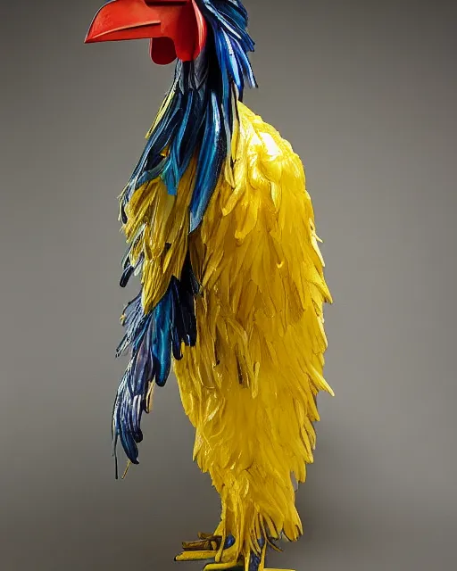 Image similar to maquette sculpture of a 7 foot tall giant chicken like prehistoric bird with iridescent feathers and wearing a yellow raincoat and gas mask. hyperreal