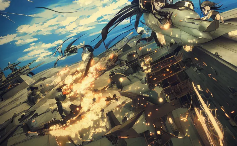 Prompt: Battle of Midway by Makoto Shinkai, cyborgs, futuristic, steampunk, Magic