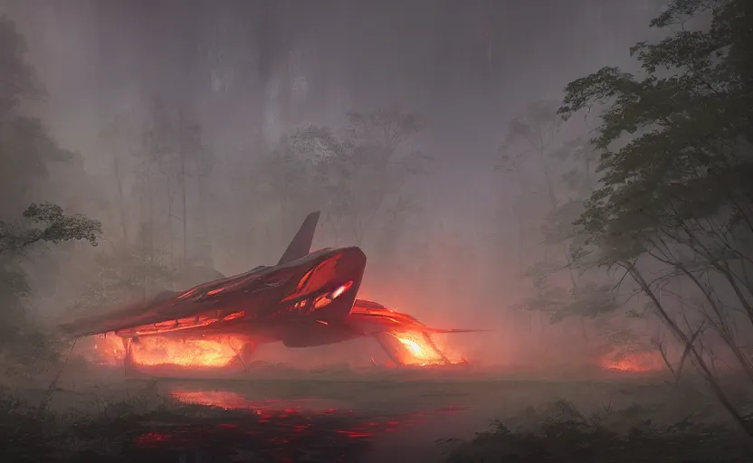 Prompt: a spaceship on fire crashed in a swamp forest, smoke, smoke, smoke, smoke, cloudy air. Atmospheric lighting, overgrowth. By Makoto Shinkai, Stanley Artgerm Lau, WLOP, Rossdraws, James Jean, Andrei Riabovitchev, Marc Simonetti, krenz cushart, Sakimichan, trending on ArtStation, digital art.