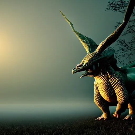 Image similar to real life Pokemon, creepy!!!, scaly!!!, menacing!!!, grotesque!!!, evil!!!, ultra realistic, golden hour, fog, volumetric lighting, sharp focus