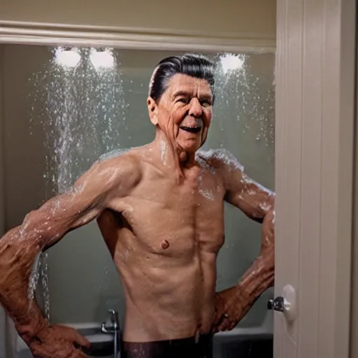 Image similar to wide angle 4 k portrait of ronald reagan showering