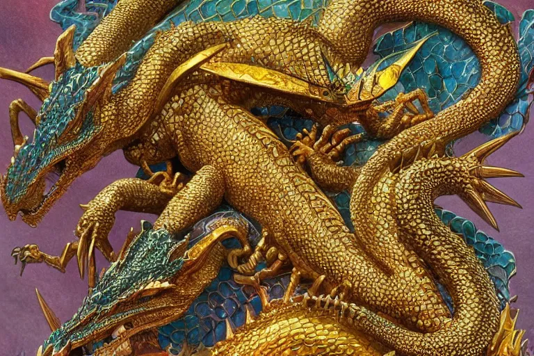 Image similar to a jeweled scaly dragon on top of treasure, by Warwick Goble and Howard Pyle, iridescent scales, heaps of gold, dramatic lighting, featured on artstation, extremely detailed