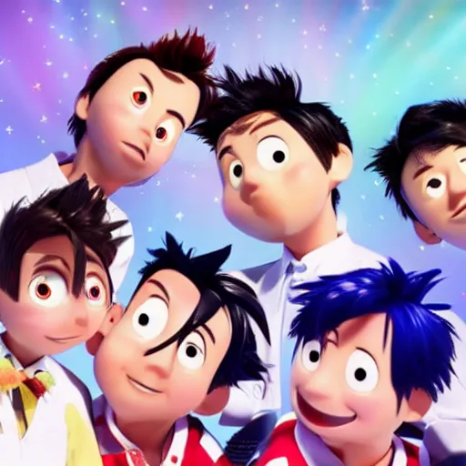 Prompt: still frame of j-pop boy band arashi in Pixar's up