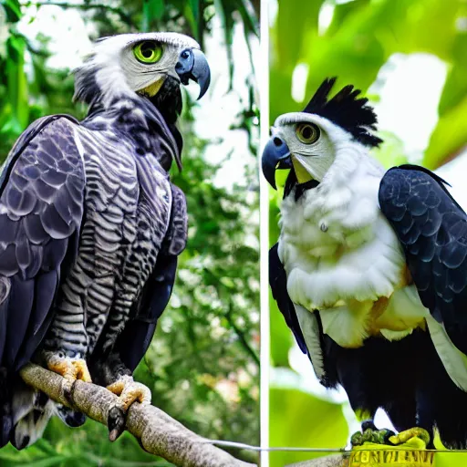 Image similar to harpy eagle and parrot hybrid animal, half harpy eagle half parrot, realistic photo taken in zoo