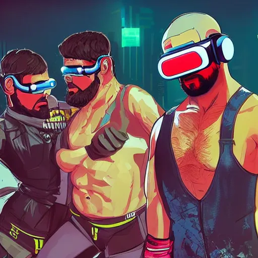 Image similar to wrestler characters wearing vr goggles, gta cover, apex legends trending on artstation, digital illustration