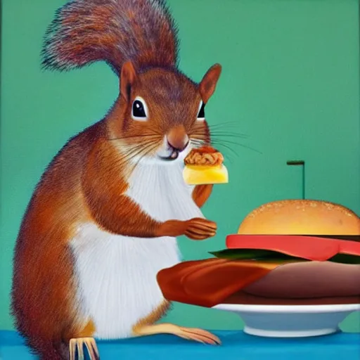 Prompt: A painting of a squirrel eating a cheeseburger
