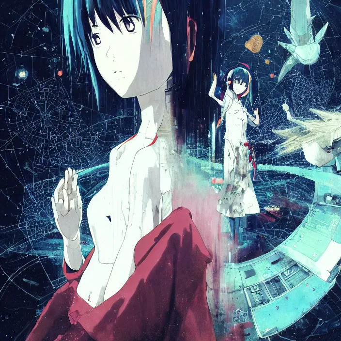 Image similar to Close up Iwakura Lain, epcot, inside a space station, eye of providence, Rei Ayanami, Tomas Sanchez, evening formal robes, digital illustration, Howl's Moving Castle, tranquil divine observer Nymph by ismail inceoglu nicola samori dragan bibin hans thoma greg rutkowski Alexandros Pyromallis Nekro Rene Margitte illustrated, official anime key media, hellscape, mind character, Environmental occlusion theme Jia, a William mans character, Artstation station female hyperdetailed with , rei ayanami