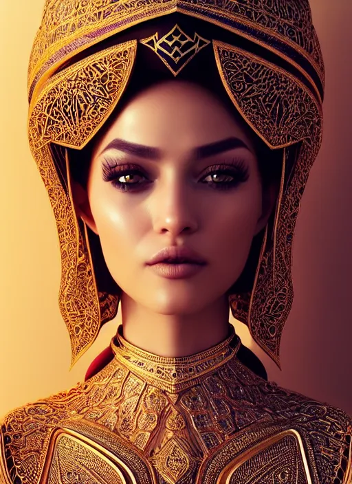 Image similar to portrait of arabic princess, intricate, technology, sharp focus, octane render, realistic, detailed, beautiful, unreal engine, symmetrical!!, maybelline, sephora, loreal, artstation, art by artgerm, rossdraws, art by karol bak, makeup by pat mcgrath, cinematic, concept art, filmic, vsco