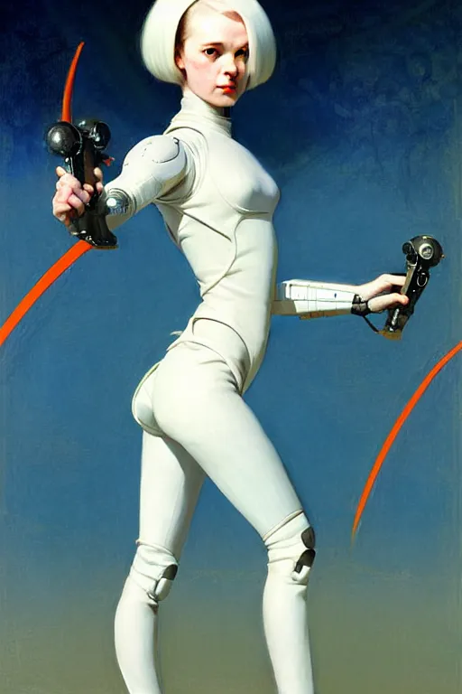 Image similar to pulp scifi fantasy illustration full body android girl, fencer, white hair, futuristic design, crafting, diy, by norman rockwell, roberto ferri, daniel gerhartz, edd cartier, jack kirby, howard brown, ruan jia, tom lovell, jacob collins, dean cornwell, astounding stories, amazing, fantasy, other worlds