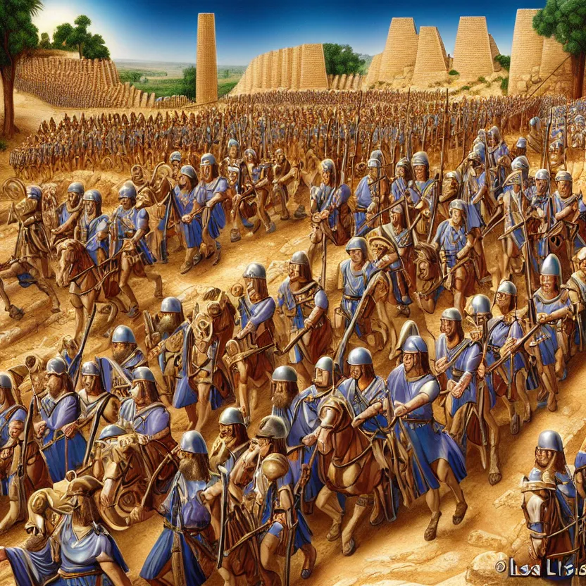 Prompt: the army of ancient israel marching behind the ark of the covenant around the walls of ancient jericho, by lisa frank, mark brooks, 8 k high detail