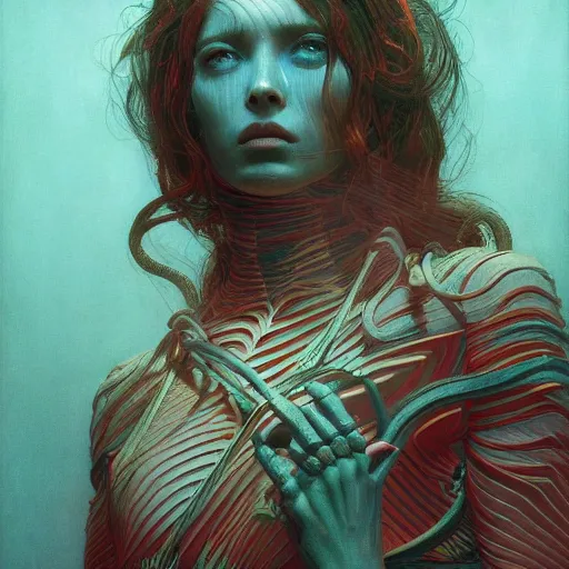 Image similar to Portrait Masterpiece, Wanda Maximoff, furious, red and cyan, glowing, wires everywhere, by Edgar Maxence and Ross Tran, Zdzisław Beksiński, and Michael Whelan, distant, gustav dore, H.R. Giger, 8k, octane render