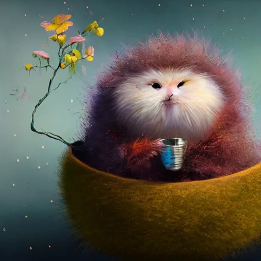 Prompt: long shot of a very fluffy fur chick nesting in a floral cup, esao andrews, by m. w. kaluta, humorous illustration, hyperrealistic, tilt shift, warm colors, night scenery, low light, 3 d octane render, 4 k, volumetric lights, smooth, cosy atmosphere, conceptart, hyperdetailed, trending on deviantart