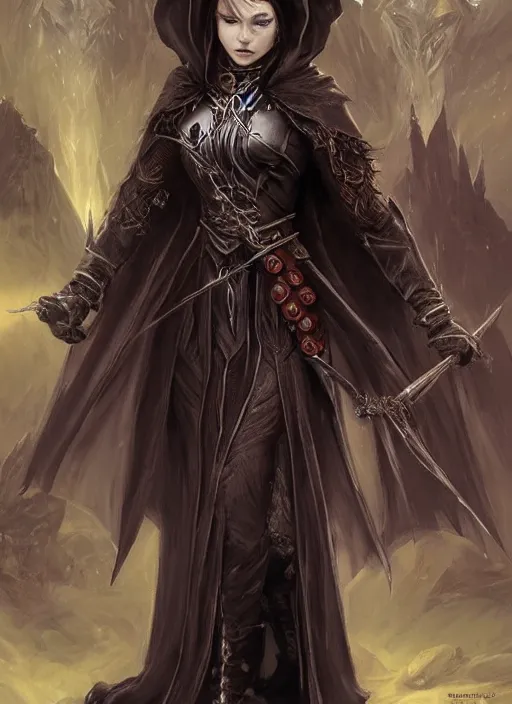 Image similar to dark black cloak female priest, ultra detailed fantasy, dndbeyond, bright, colourful, realistic, dnd character portrait, full body, pathfinder, pinterest, art by ralph horsley, dnd, rpg, lotr game design fanart by concept art, behance hd, artstation, deviantart, hdr render in unreal engine 5