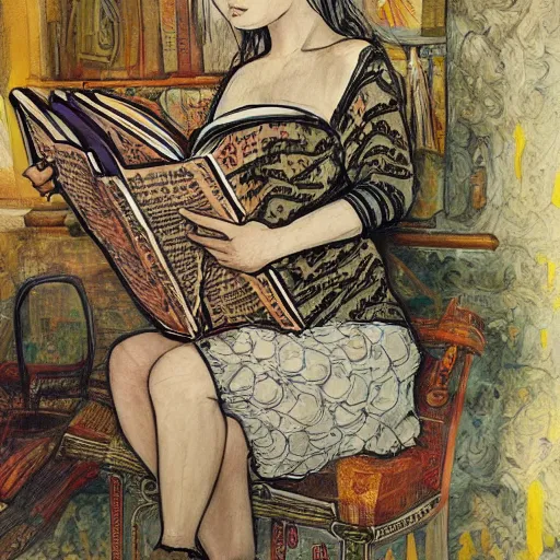 Prompt: full body pose, mixed media painting of a girl reading a book, extremely hyper - detailed, intricate, epic composition, very detailed, masterpiece, stunning,