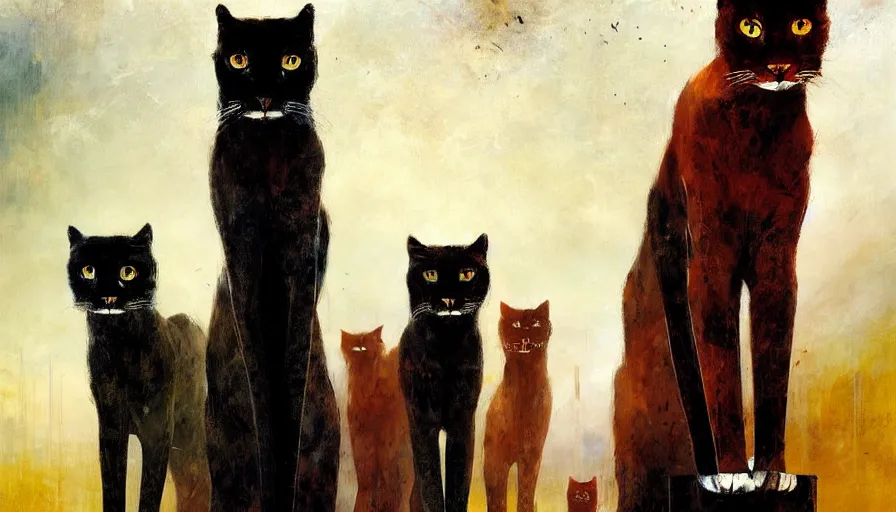 Prompt: contemporary semi abstract acrylic painting of really tall cats by william turner, by greg rutkowski, kessler art, thick brush strokes and visible paint layers