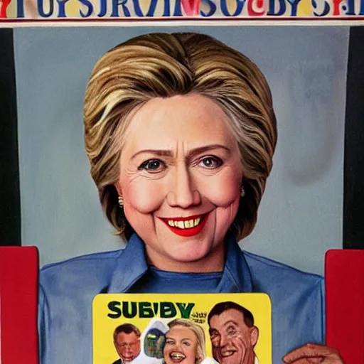 Image similar to hilary clinton super excited to be working at subway, sarcastic, by norman rockwell hyperrealism 8 k