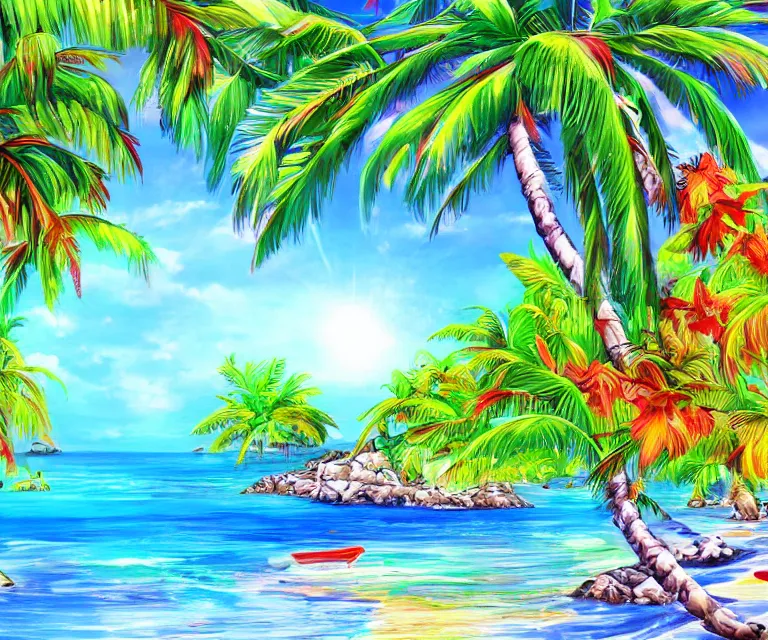 Prompt: a tropical paradise island, sun rise, exotic, water painting, vibrant colors