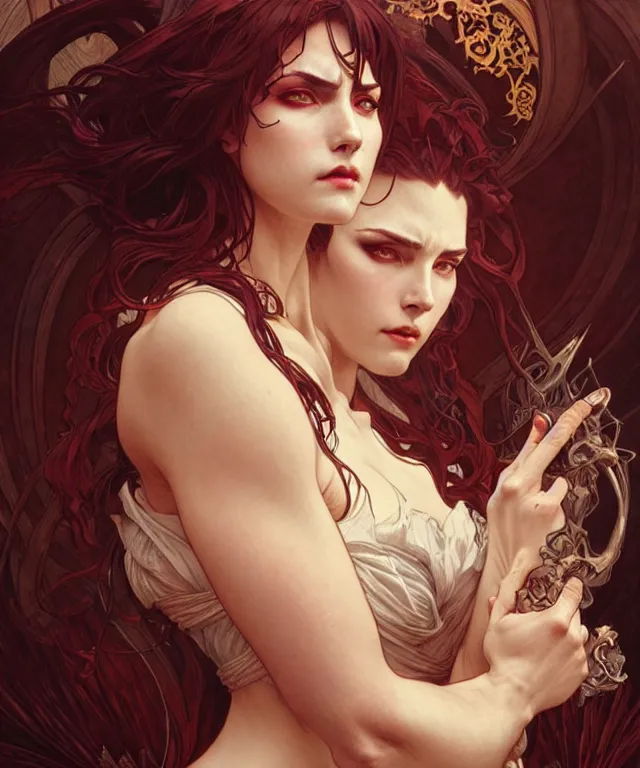 Image similar to a powerful angry demon witch, portrait, intricate, elegant, highly detailed, smooth, sharp focus, art by artgerm and greg rutkowski and alphonse mucha