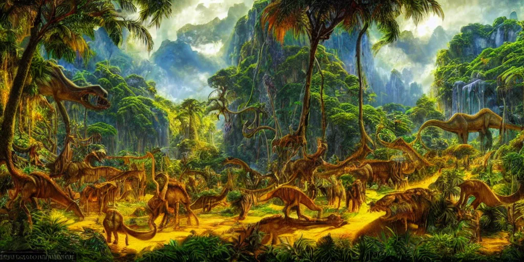 Prompt: fantasy oil painting, herd of imaginary dinosaurs in a lush jungle, epic natural light, lush plants flowers, rainforest mountains, bright clouds, luminous sky, outer worlds, dynamic lighting, michael cheval, michael whelan, vray, 8 k hd